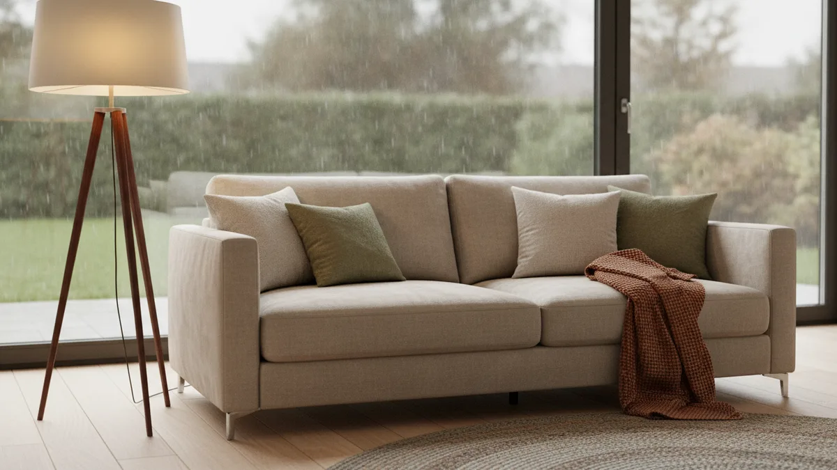 Helle Stoffsofa im Wohnzimmer, draußen Herbstregen, warmes Lampenlicht