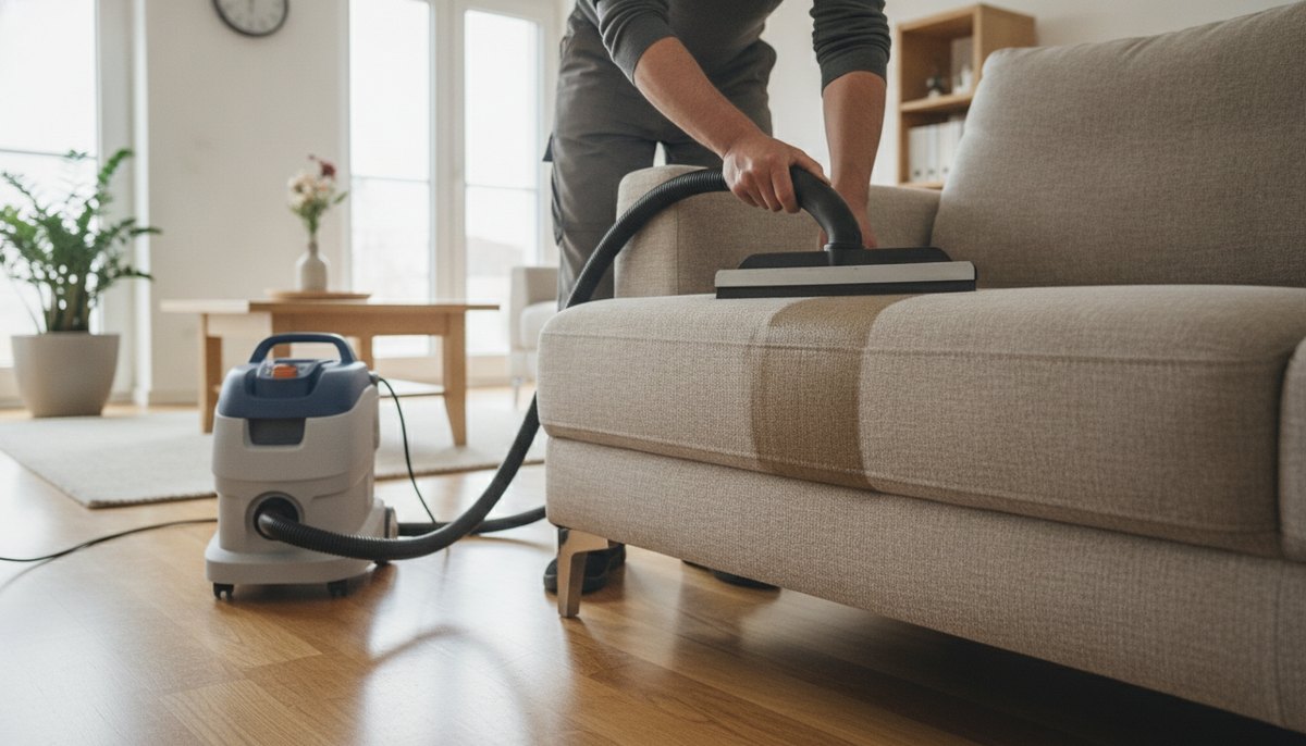 Ein Waschsauger mit Handdüse steht neben einem grauen Stoffsofa im Wohnzimmer