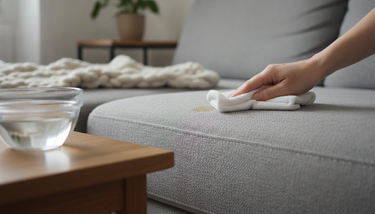 Helles Stoffsofa, eine Hand tupft einen frischen Kaffeefleck mit einem weißen Tuch ab