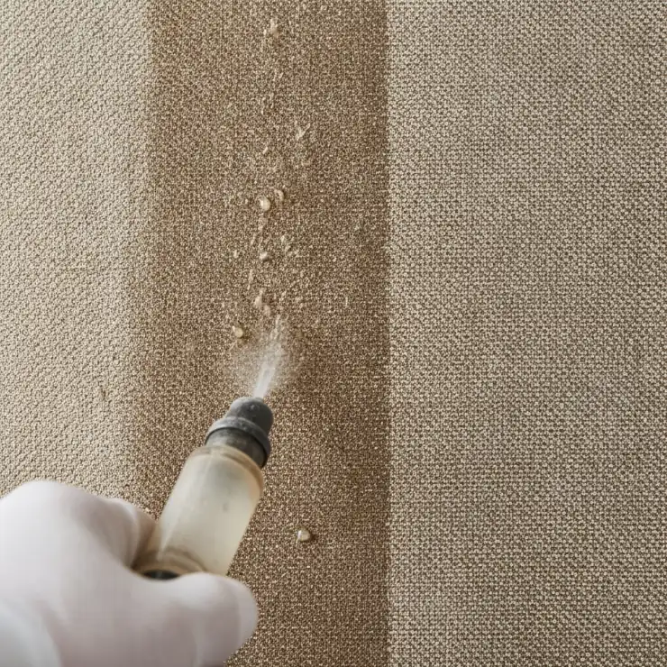 Nahaufnahme einer Sprühextraktion auf Polsterstoff mit sauberer Kante.