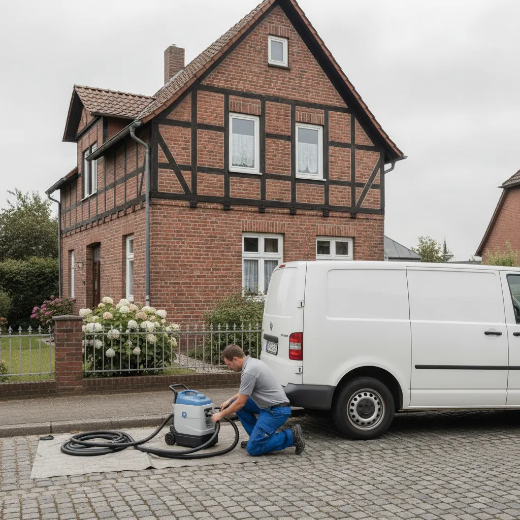 Reinigungsfahrzeug und Ausrüstung vor einem Wohnhaus im Raum Jülich.